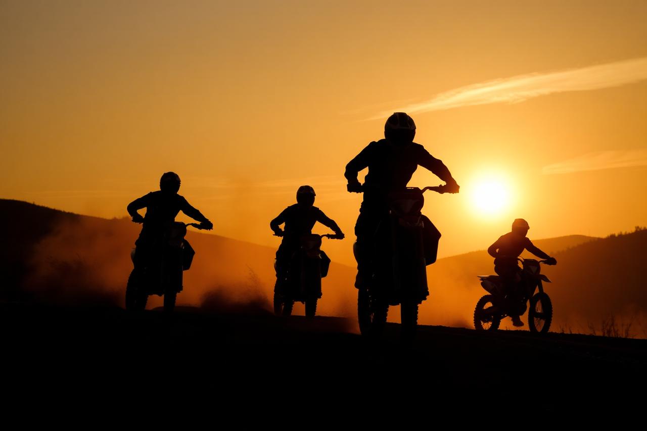 Motocross-Fahrer im Gegenlicht bei Sonnenuntergang
